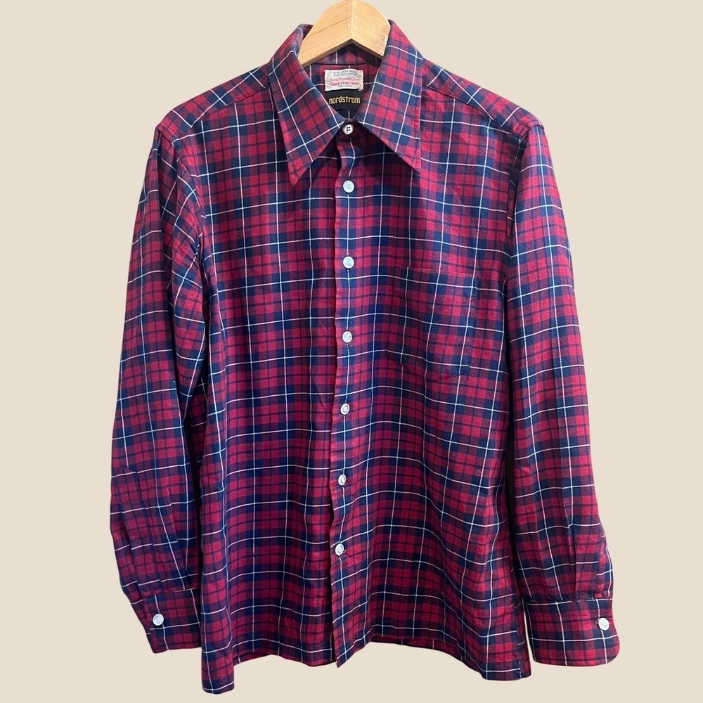 Nordstrom Flannel Shirt Mens L Red Blue Plaid Lambswool Cotton Swiss Fabric Vtg